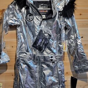 Tipsy Elves Silver Metallic Ski Suit with Black Fur Trim